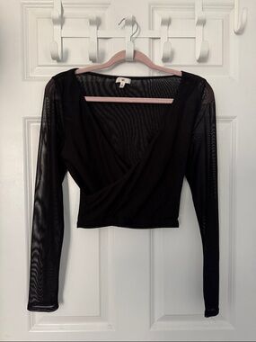 bp Black Wrap-Front Long Sleeve Mesh Crop Top